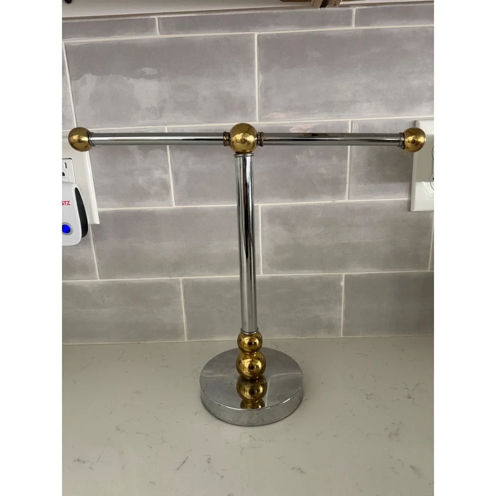 Vintage Chrome and Gold Ball T-Bar Jewelry Stand Necklace Organizer Display